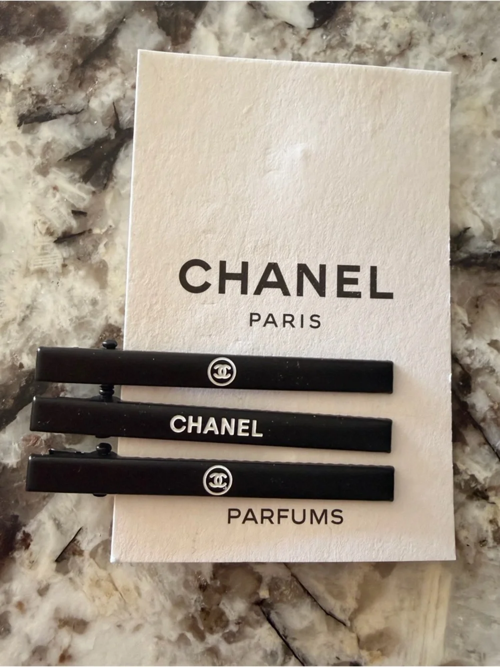 CHANEL Black & White Logo Hair Clips - Set of 3
